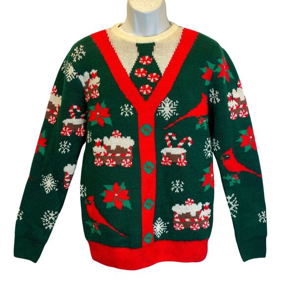 Party Sweater Dec 25th Dad-core Nerd Ugly Christmas Faux Cardigan Sweater Size S - Picture 1 of 4